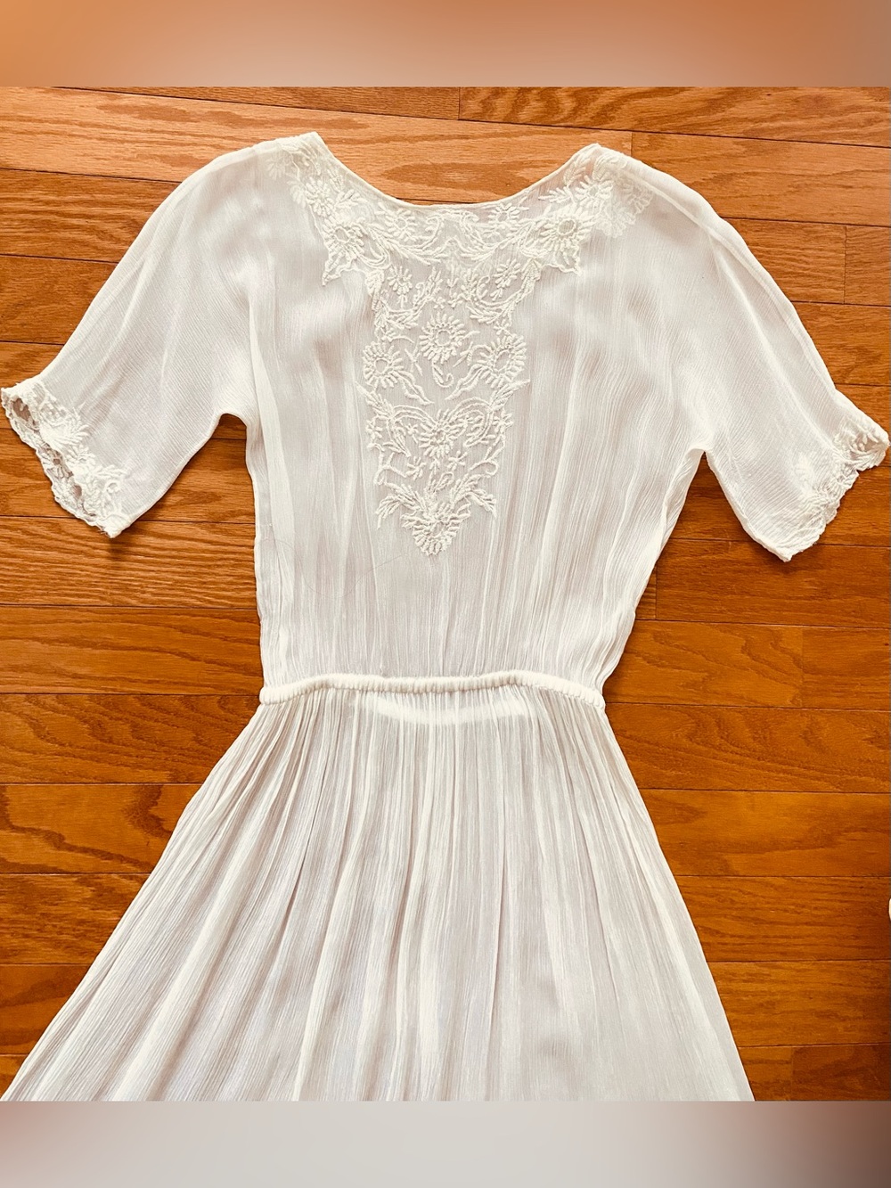 Ivory 100% Silk Sheer Dress Embroidered White Lace-Trim Bridal Romantic